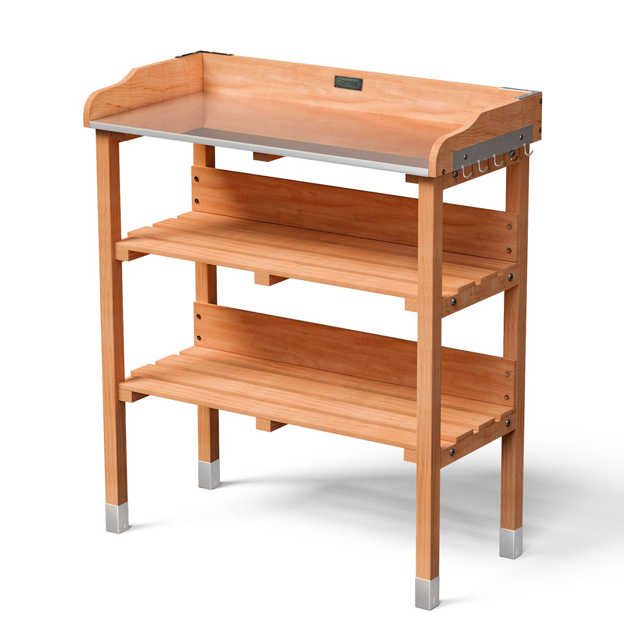 Giantex Garden Potting Bench, Outdoor Wood Workstation Table with Galvanized Steel Tabletop, 5 Hooks, 2-Tier Storage Shelves, Outside Work Station Potting Table with Raised Edge, Easy Assembly Giantex