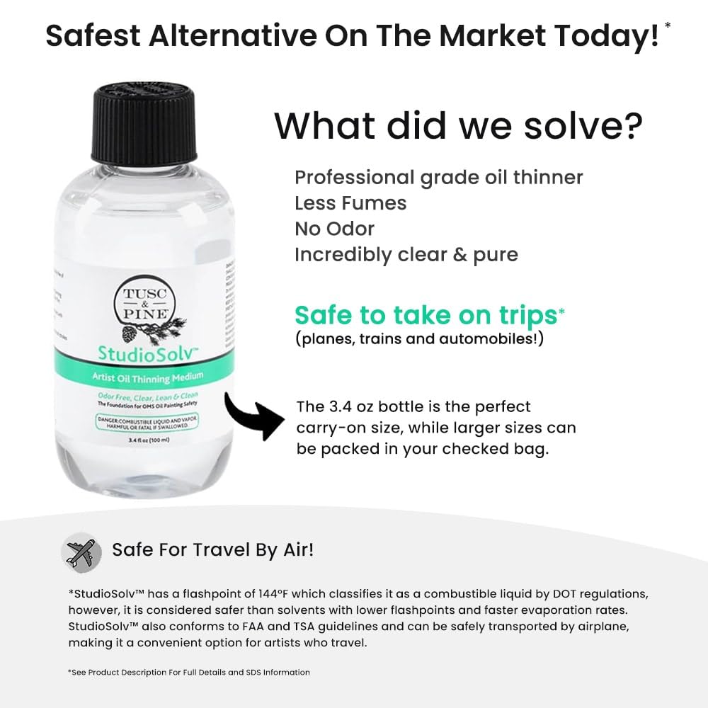 Tusc & Pine StudioSolv™ Odorless Mineral Spirits 3.4oz (100ml) - Purified Odor-Free Spirit Solvent For Thinning Oils, Artists, Painting Thinner, Professionals, & More! Tusc & Pine