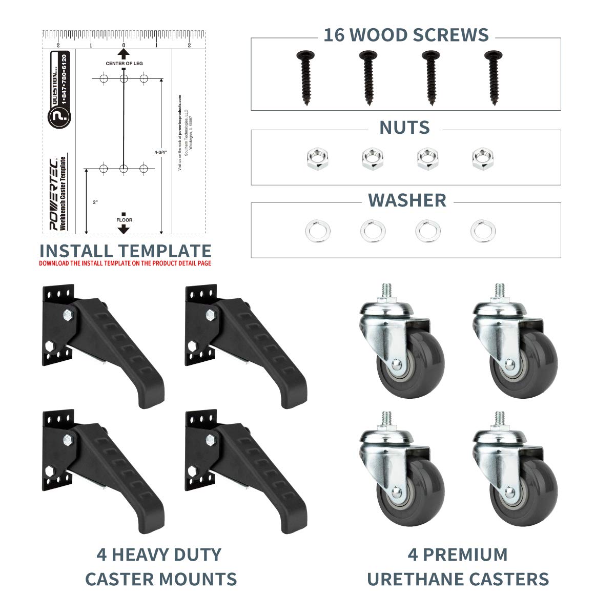 POWERTEC Workbench Caster Kit Set of 4 with Side Mounting Options & 600 lbs Loads, 2-1/2 Inch Retractable Stepdown Caster Wheels for Workbenches, Tables, Stands and Equipments (17001) POWERTEC