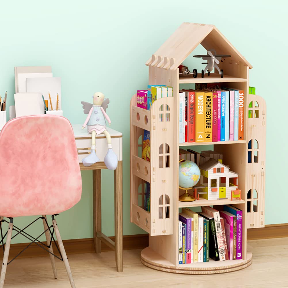 Bear Qiaqia 360° Rotating Children's Bookshelf - Wooden Storage Rack for Kids’ Books and Toys Bear Qiaqia