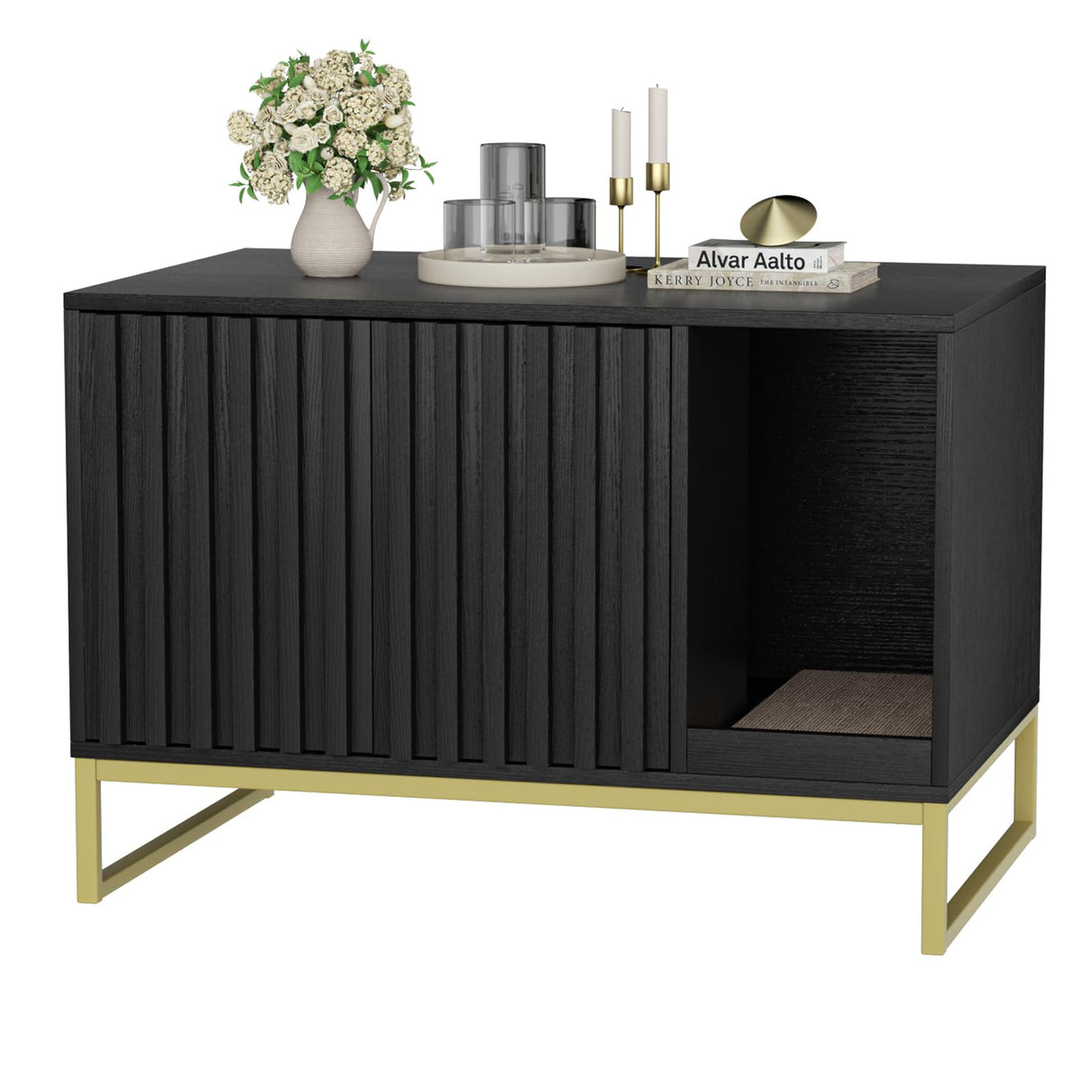 Halitaa Litter Box Enclosure, Modern Cat Litter Box Furniture Hidden Litter Box with Scratch Pad, Cat Washroom House End Table, Entryway Bench for Livingroom (Black) Halitaa