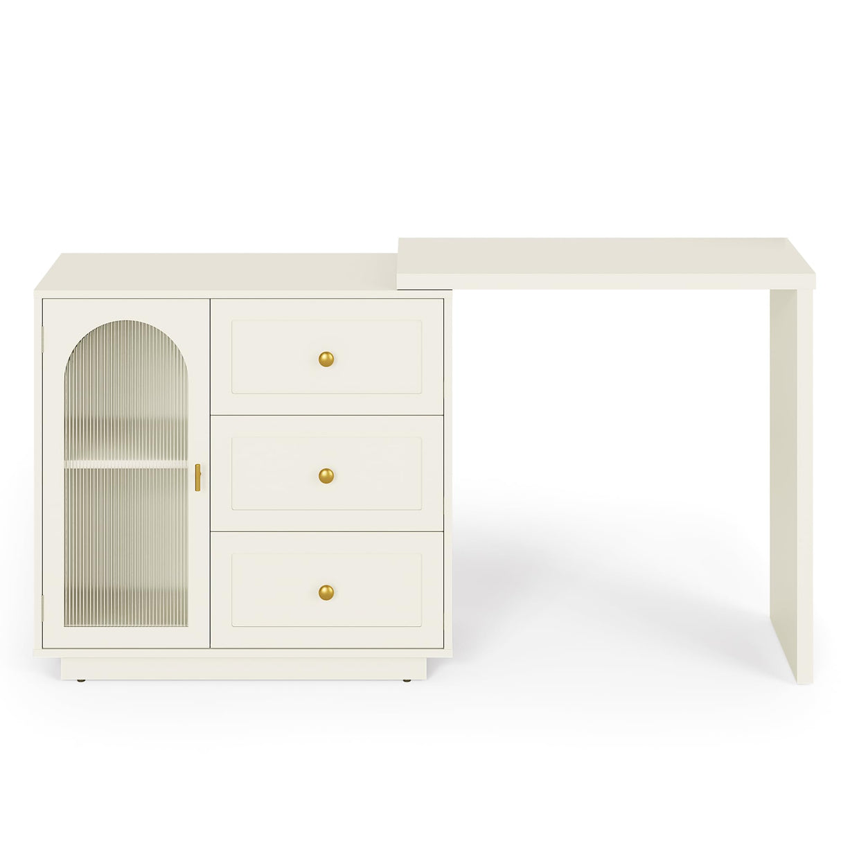 RoyalCraft Makeup Vanity Desk, Extendable Corner Vanity Makeup Table with 3 Drawers & 1 Door, Modern Dressing Table for Bedroom, Cream White Makeup Vanity Without Mirror RoyalCraft