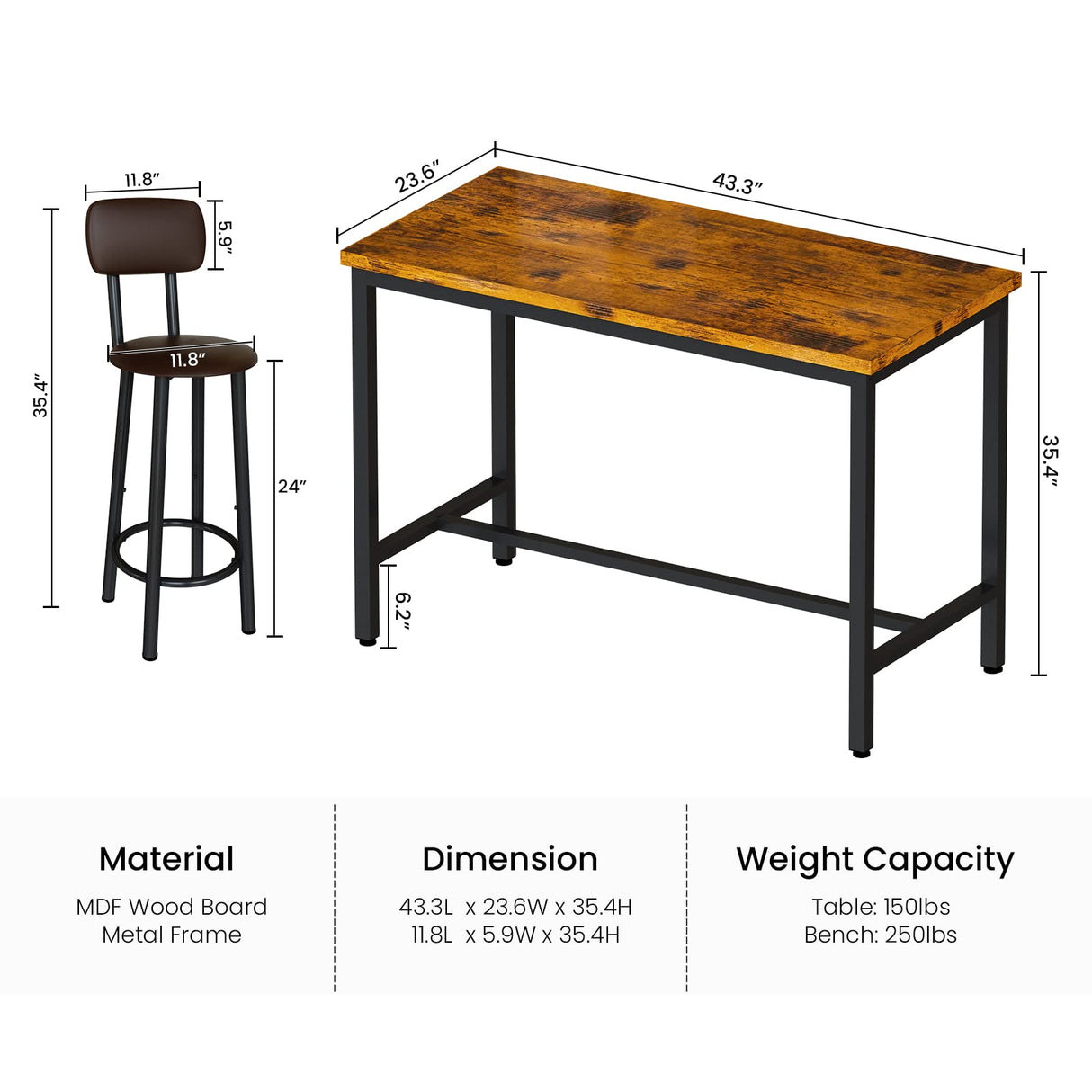 Lamerge Rustic Brown Industrial Dining Table Set for 4 with PU Upholstered Stools Lamerge