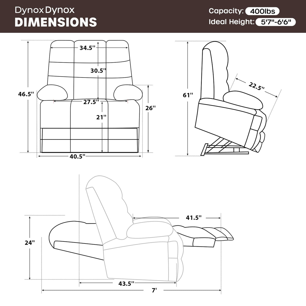 DYNOX 400 LBS Big & Tall Power Lift Recliner Chair for Elderly, Oversized Lay Flat Chair with Extended Footrest, Heat & Massage(9205L,Chenille,Brown) DYNOX