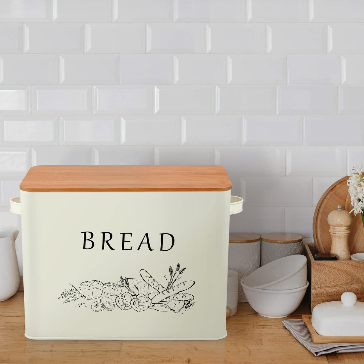 TeamFar Bread Box with Wooden Lid, 13.1” x 7.2” x 9.7” Bread Container Storage Holder for Family Farmhouse Kitchen Countertop, Powder-Coated & Healthy, Large Capacity & Classic Pattern (Off White) TeamFar