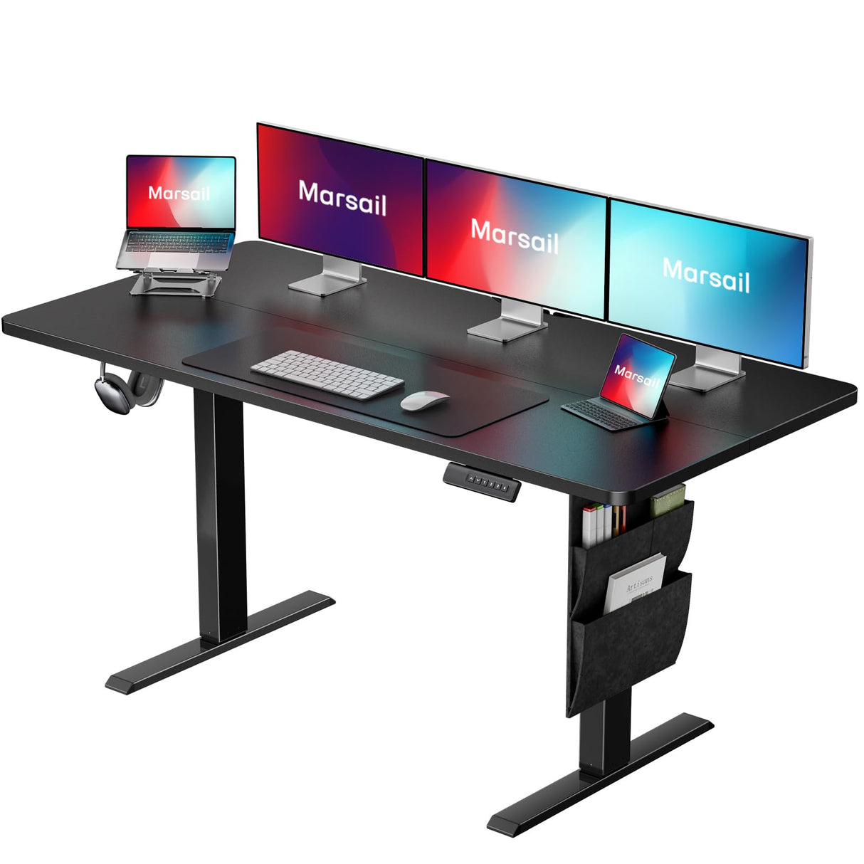 Marsail 55"x24" Adjustable Height Standing Desk Table, Electric Workstation with Storage Bag & Headphone Hook, Stand Up Solution for Home Office, Study, Writing, and Work with 4 Memory Presets. Marsail