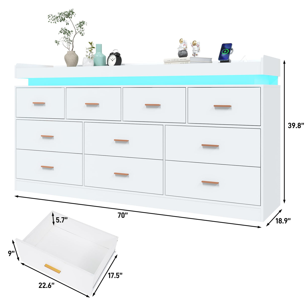 Hlivelood 10 Drawer Dresser with LED Light and Charging Station, Modern Chest of Drawers for Closet, Wide Drawer Organizer Cabinet for, Living Room, Entryway, Hallway, White Hlivelood