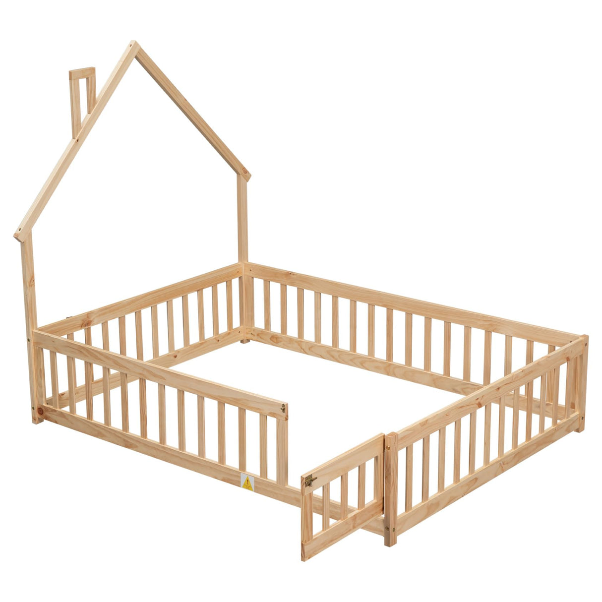 TURRIDU Full Size Montessori House-Shaped Floor Bed with Fence and Door in Natural Wood TURRIDU