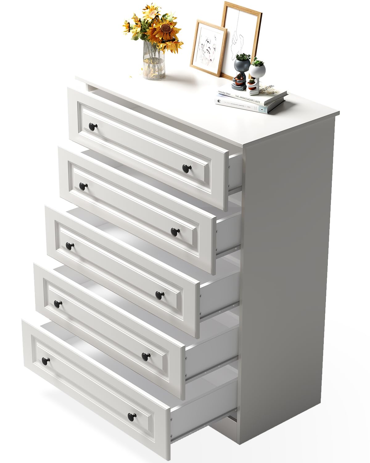 White 5-Drawer Tall Dresser with Wood Top, Modern Storage Tower for Bedroom, Closet, Living Room, Entryway, Hallway Seeday