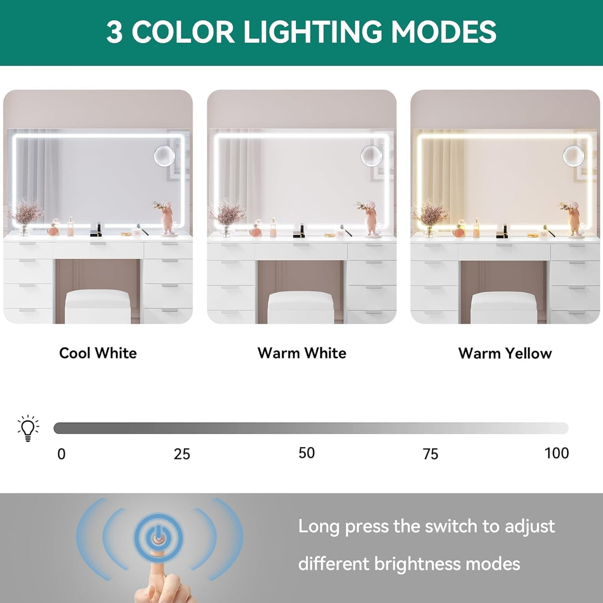 YITAHOME 46'' Vanity Desk with Large LED Lighted Mirror & Charging Ports, 11-Drawer Makeup Table Set with Storage Stool for Dressing Room, 3 Lighting Modes Brightness Adjustable, White Finish YITAHOME
