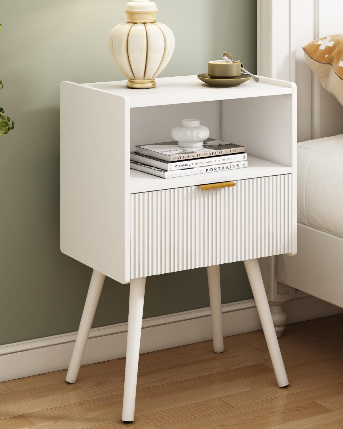 JOONEE White Nightstand,Modern Bedside Table with Storage Drawer and Open Wood Shelf, for Living Room, Bedroom and Small Spaces, Accent Night Stand with Solid Wood Legs, Easy Assembly,Classic White JOONEE