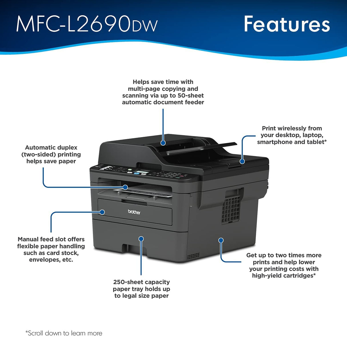 Brother MFC L26 Series Compact Monochrome All-in-One Laser Printer, Automatic Duplex Printing, 250 Sheets, Wireless, Mobile Printing, with MTC Printer Cable, Black Brother