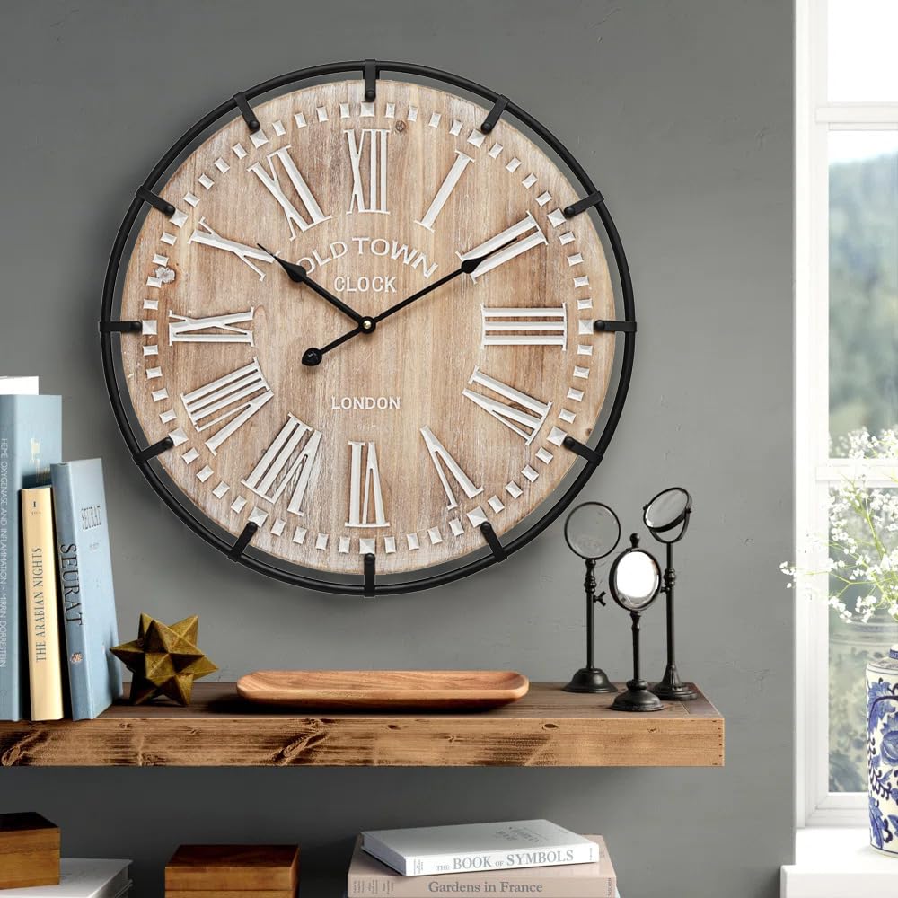 MODE HOME Large Farmhouse Wall Clock, 24 Inch Rustic Wooden Wall Clock Decorative with Metal Circle and Engraved Numerals, Silent Battery Operated for Kitchen Bedroom Living Room Fireplace Mantel MODE HOME