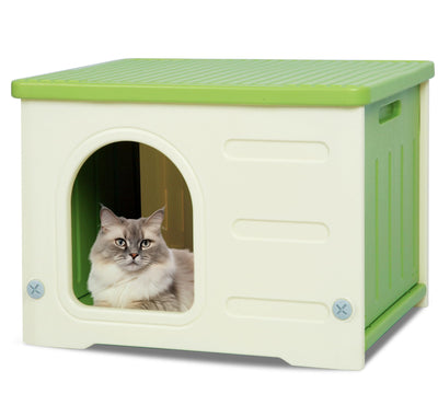 Waterproof Cat House Outdoor Indoor, Plastic Cat House for Outdoor Cats Feral Cat House Outdoor, Sturdy Cat Bed for Small Pet, Spacious, Assemble Easily -Grey