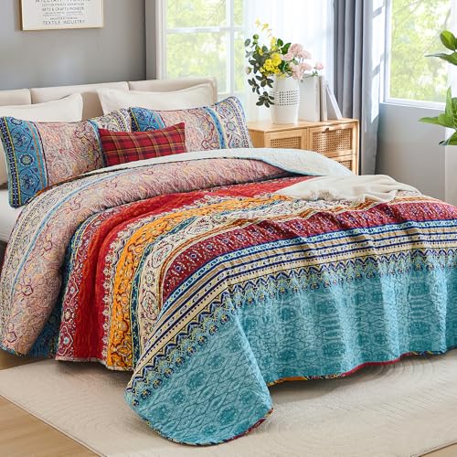 WONGS BEDDING Bohemian Quilt Set King Size, Boho Striped Printed Bedding Bedspread Coverlet Set for All Season, Lightweight Microfiber Quilts with 2 Pillowcases 104"x90" (3 Pieces, Colorful) WONGS BEDDING
