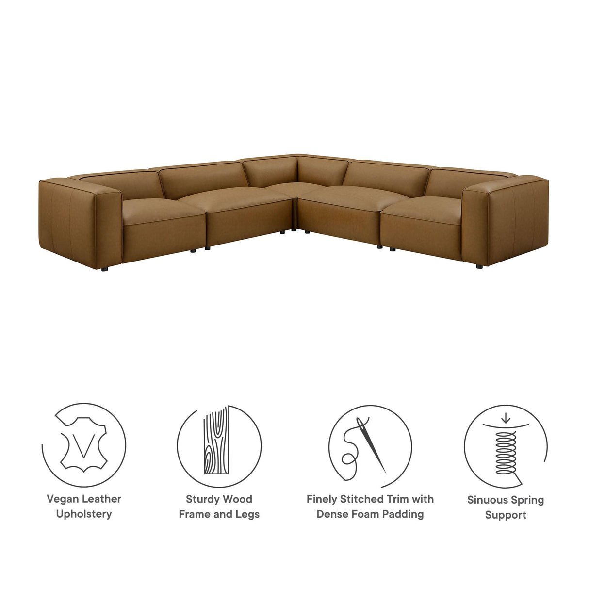 Modway Auren Vegan Leather 5 Piece Modular Sofa in Camel - Faux Leather L Shaped Sectional - Comfy Modern PU Leather Sofa - Oversized Mid Century Modern Couch for Living Room, Apartment Modway