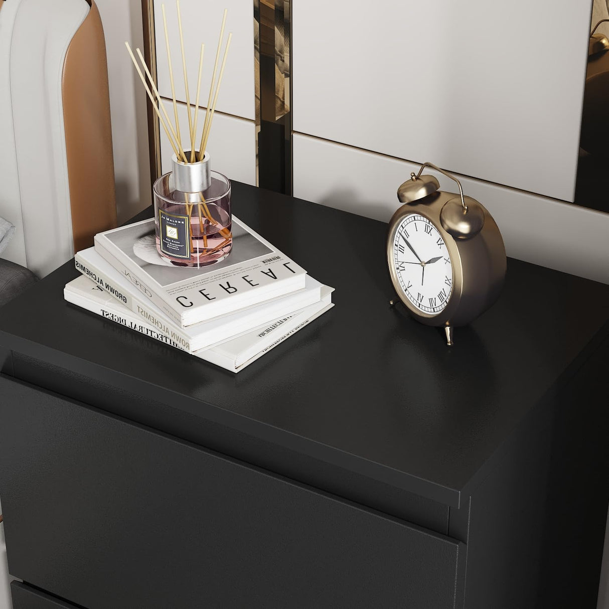 FUNISIR Nightstand with 2 Drawers, Modern Bedroom End Table with No Handle, Wooden Bedside Storage Cabinet, Balck FUNISIR