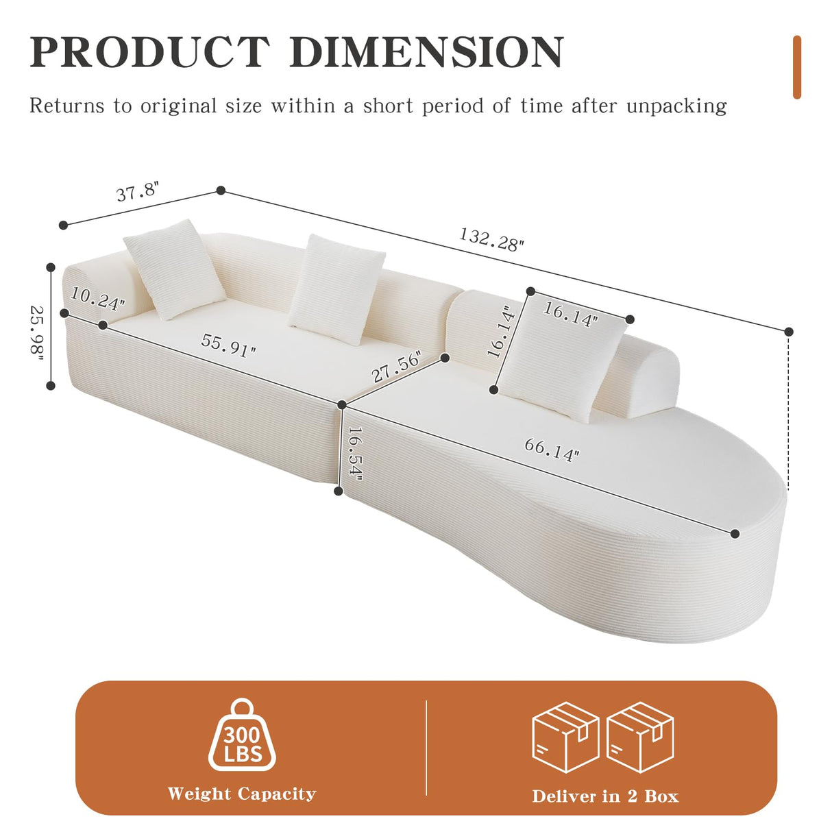 ClinQ 132-Inch Modern Style Curved Sofa, Upholstery Corduroy Sofa Couch with 3 Pillows, White ClinQ