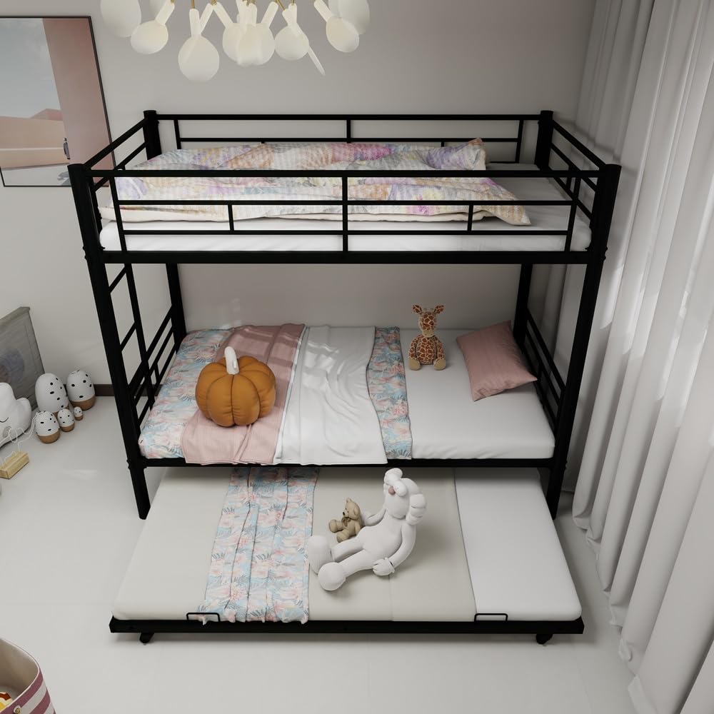 QSOSTNS Twin Over Twin Bunk Bed with Trundle, Heavy Duty Bunk Beds Frame with Side Ladders Convertible Bunkbed with Safety Guard Rails, No Box Spring Needed (Black) QSOSTNS