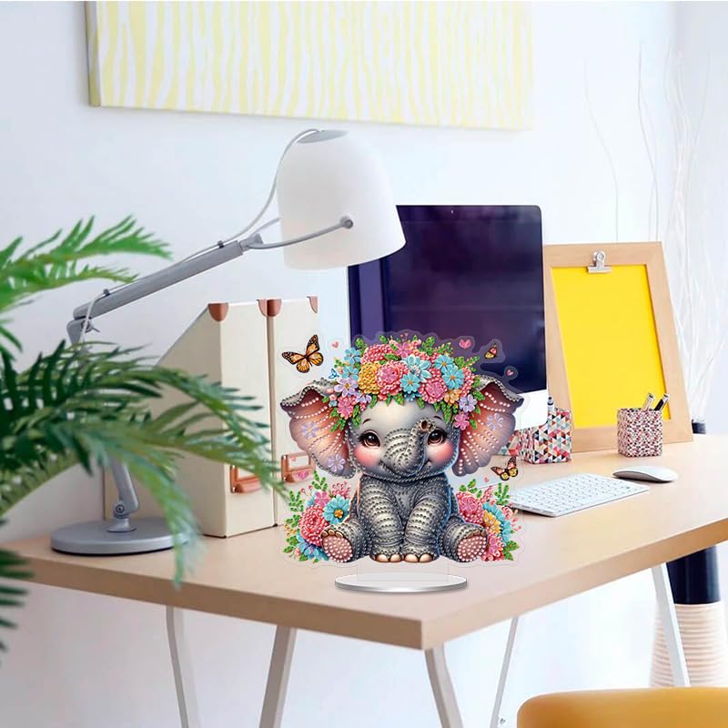 Elephant with Butterflies and Flowers Diamond Painting Desktop Ornament Kit, 5D DIY Acrylic Crystal Special Shaped Tabletop Diamond Art Home Decor for Adult (ZS15) Generic
