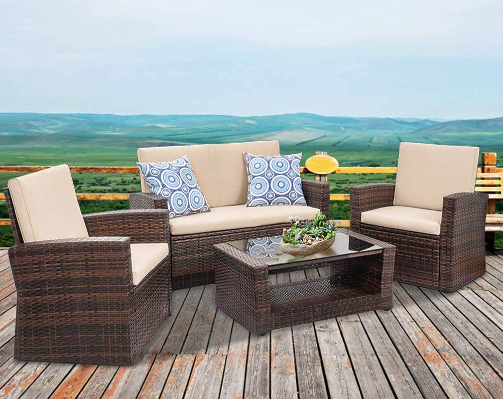 FDW Patio Furniture Sets 4 Piece Rattan Chair Patio Sofas Wicker Sectional Sofa Outdoor Conversation (Brown and Tan) FDW