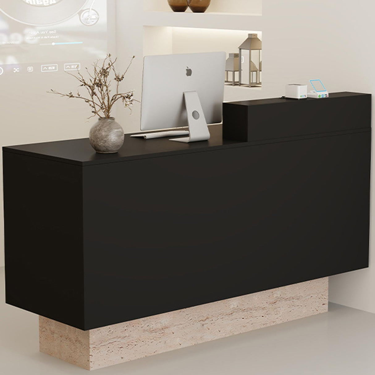 Front Reception Desk with Counter - Wood Modern with Storage Drawer for Salon Retail Office Checkout Barber Counter Table Mostrador para Negocio,Black + Stone/Right - 39.4″x19.6″x41.3″ CANYIHB