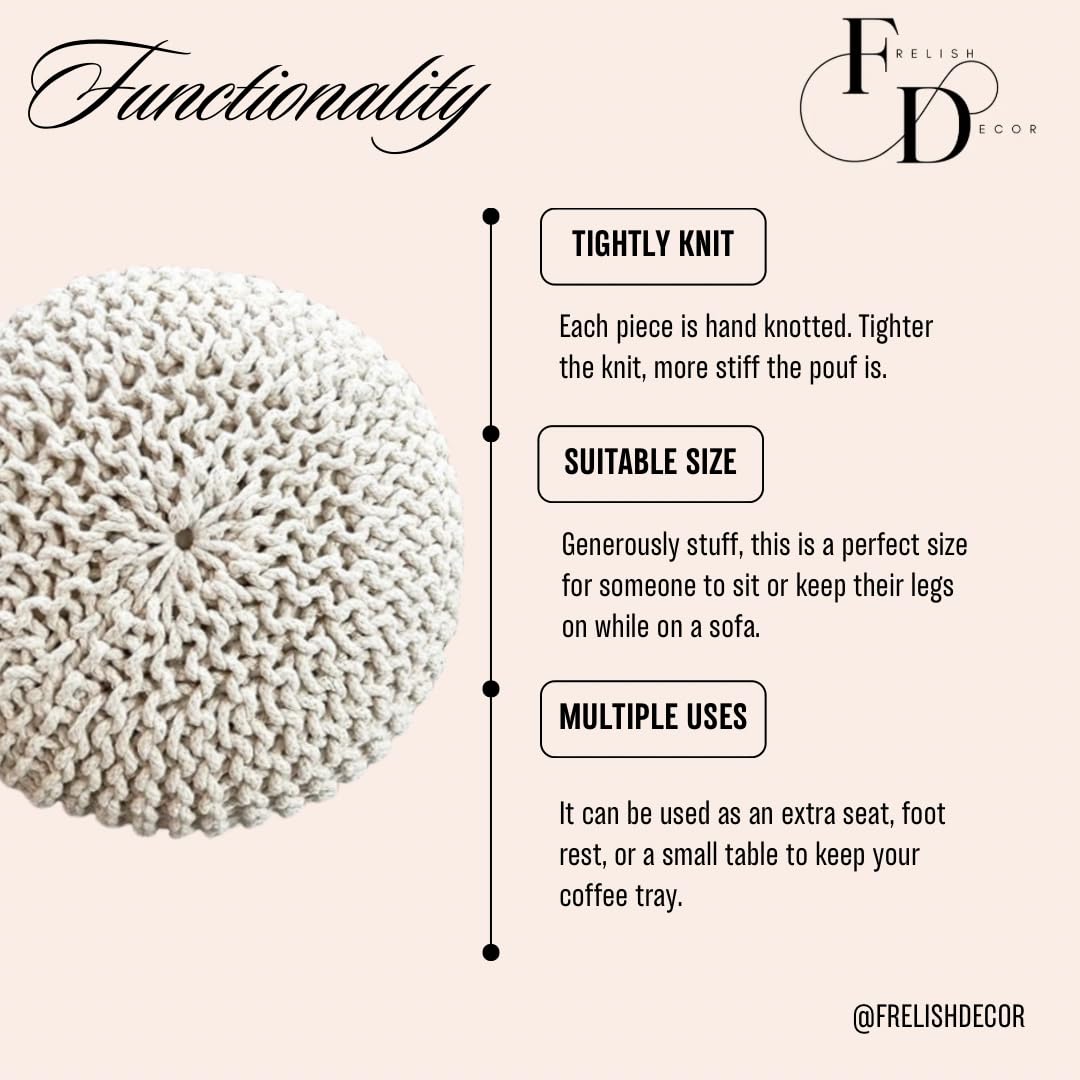 FRELISH DECOR Round Pouf Ottoman Hand Knitted 100% Cotton Pouf Foot Stool - Knitted Bean Bag - Floor Chair for Living Room Bedroom - Foot Rest for Couch (20 Diameter x 14 Height) - Natural FRELISH DECOR