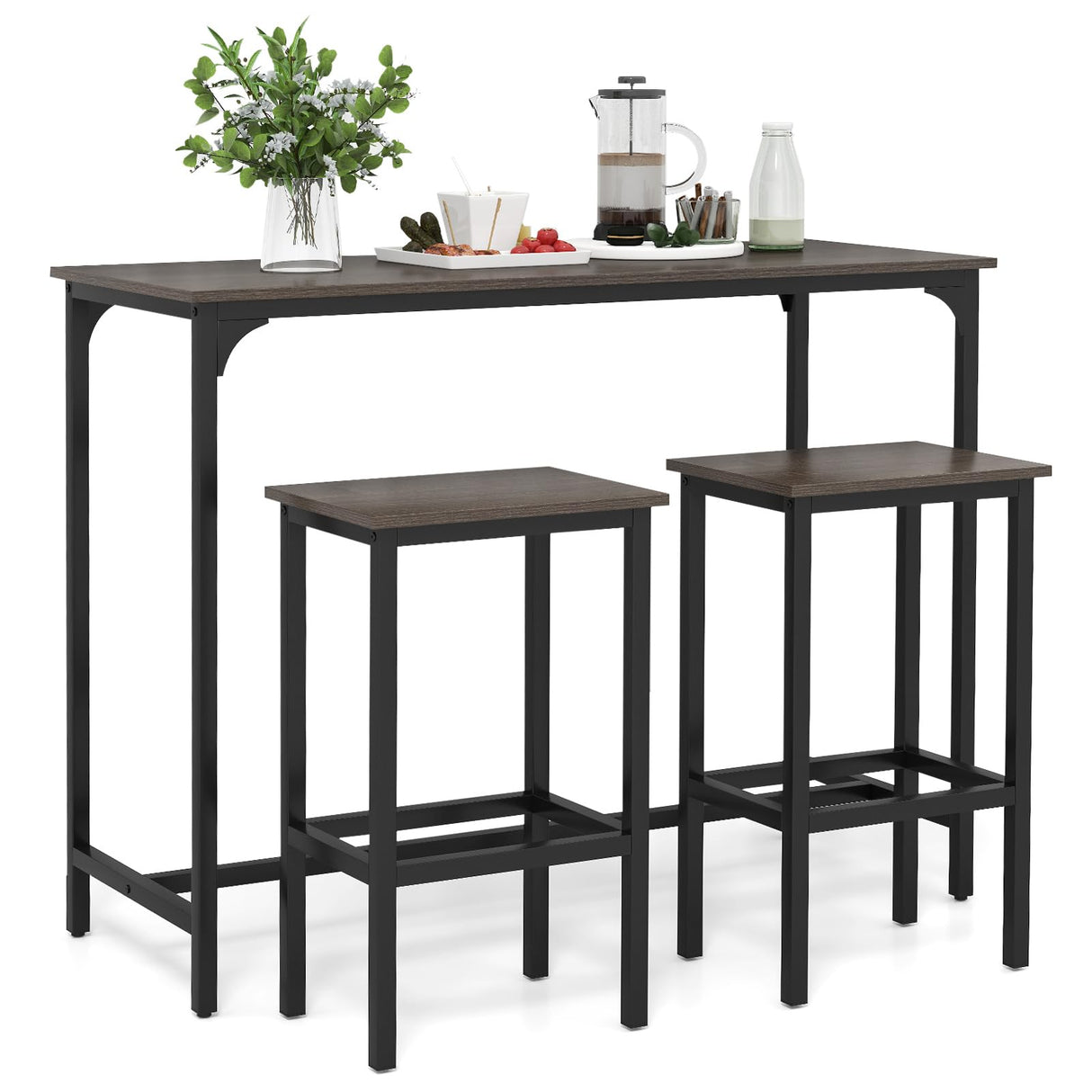 COSTWAY 3-Piece Dining Table Set, 47.5" Industrial Counter-Height Kitchen Table and 2 Bar Stools, High Top Rectangular Pub Table and Chairs for Dining Room Small Place Breakfast Nook Bistro (Grey) COSTWAY