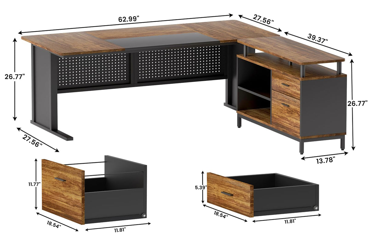 Vagaconl 63" Executive Office Desk Drawer Cabinet,L Shaped Desk with Shelves,Split Computer Desk and lateral Hanging File Cabinet,Home Office Furniture for Home Office, Rustic Brown & Black Vagaconl