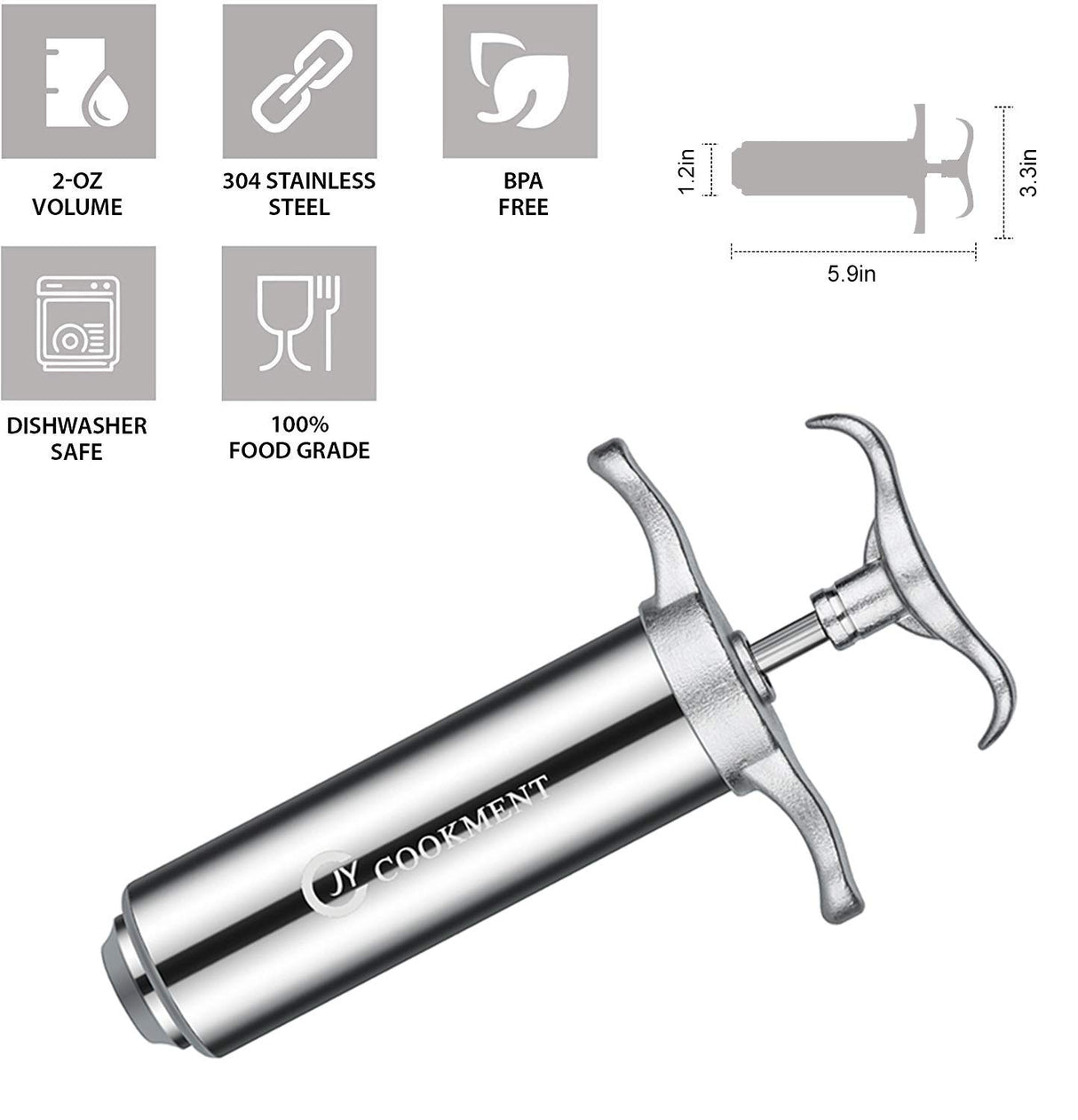 JY COOKMENT Meat Injector Syringe 2-oz Marinade Flavor Barrel 304 Stainless Steel with 3 Professional Needles 2 Cleaning Brushes and 4 Silicone O-Rings JY COOKMENT