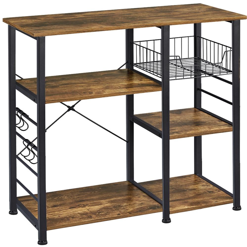 Yaheetech 4-Tier Kitchen Baker's Rack, Coffee Bar Microwave Stand Cart with Wire Basket & 6 Side Hooks, Kitchen Organizer Shelf for Spices/Utensils Foods, Rustic Brown Yaheetech
