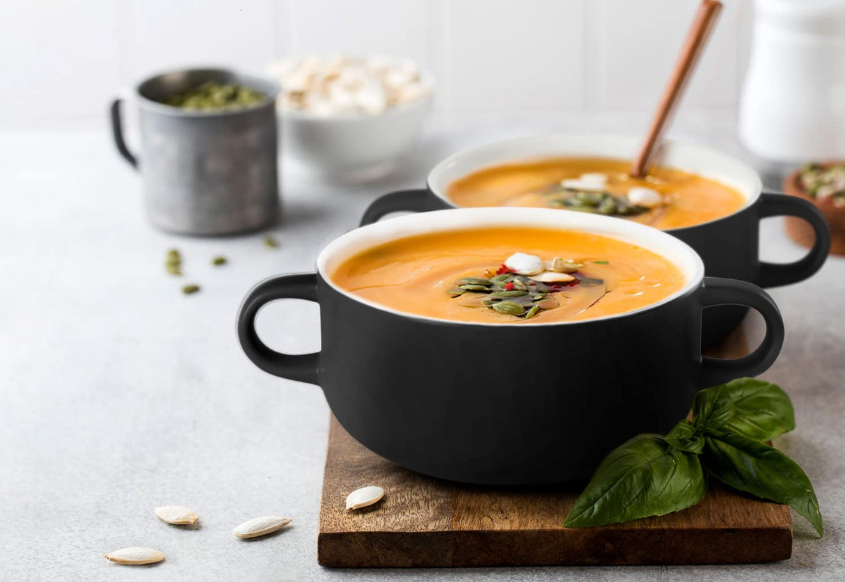 Kook Soup Crocks, Ceramic Bowls, Broil, Oven, Microwave and Dishwasher Safe, with Handles, For Casserole, Pasta, Cereal, 18 oz, Set of 4 (Black) KooK