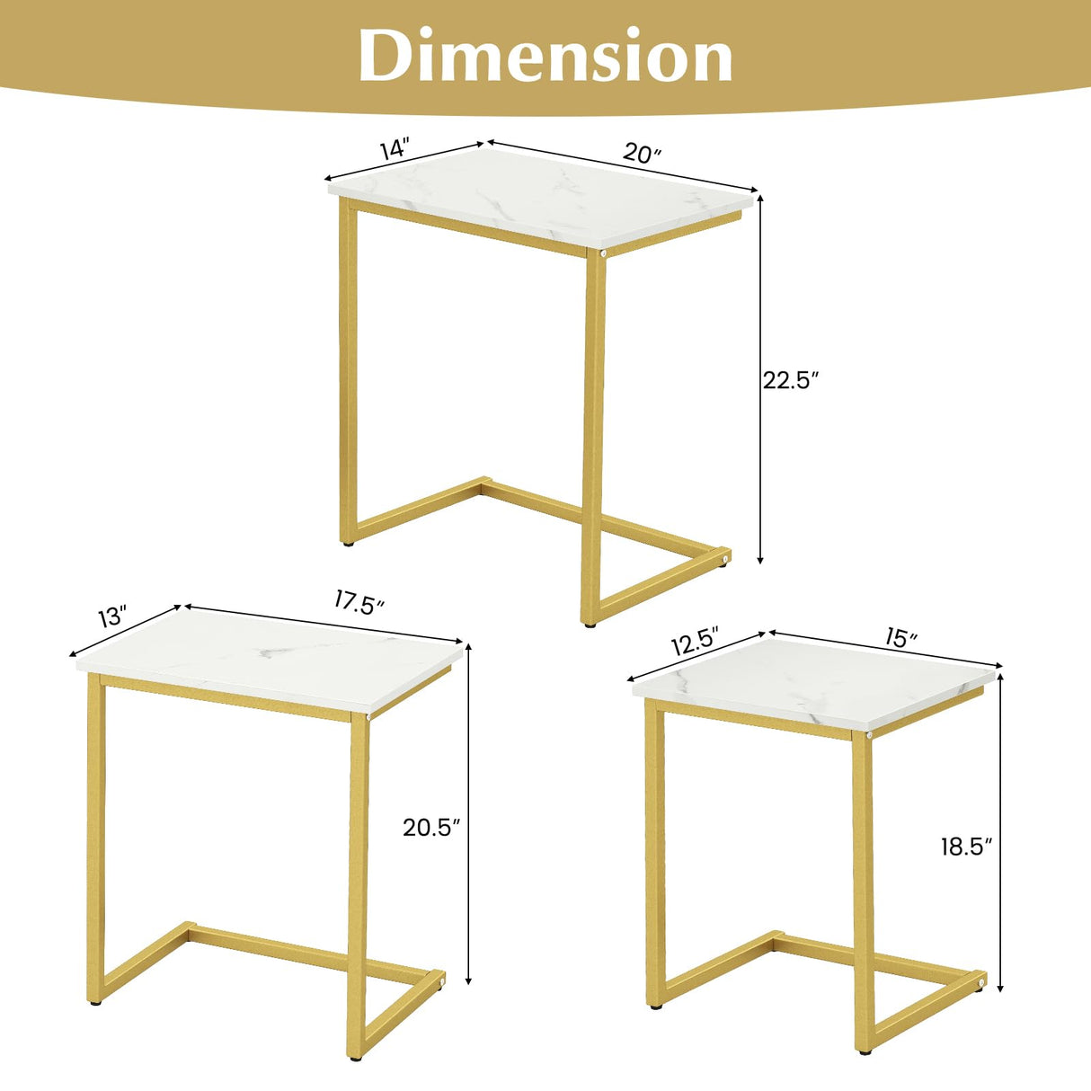 Giantex Nesting Coffee Table Set of 3, Stackable Square End Table w/Faux Marble Tabletop & Heavy-Duty Metal Frame, Farmhouse C-Shaped Accent Table for Small Space, Living Room, Bedroom (White Gold) Giantex