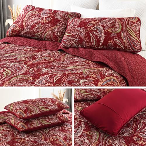 WONGS BEDDING Boho Quilt Set Queen,3 Pieces Red Paisley Pattern Bedspread Coverlet Set,Lightweight Microfiber Bohemian Bedding Set for All Season 96"×90" WONGS BEDDING