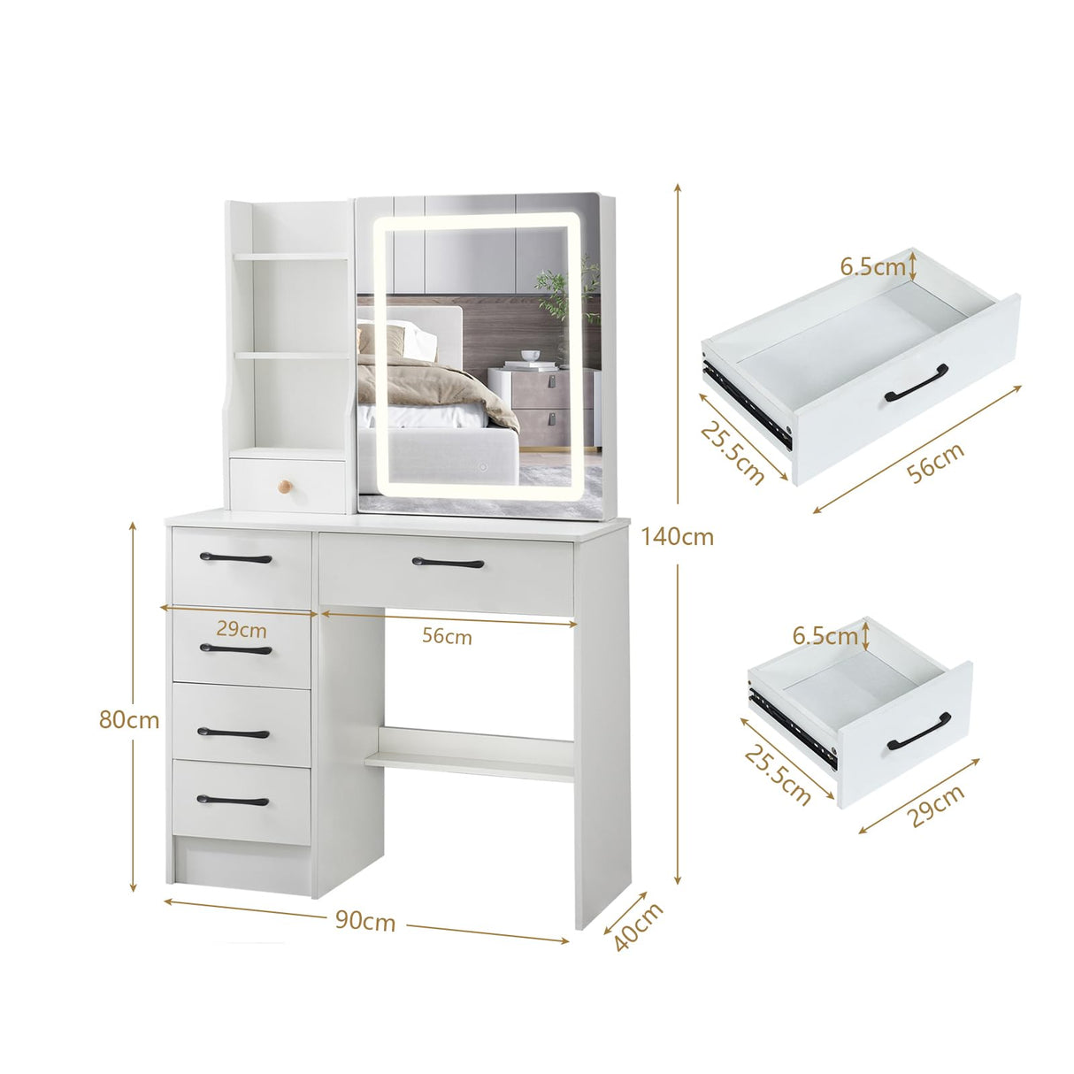 JBLCC Vanity Desk with Lighted Mirror, Large Makeup Vanity with Sliding Mirror, Storage Drawer & Chair, White Vanity Set Dressing Table for Bedroom (QW56LED) JBLCC