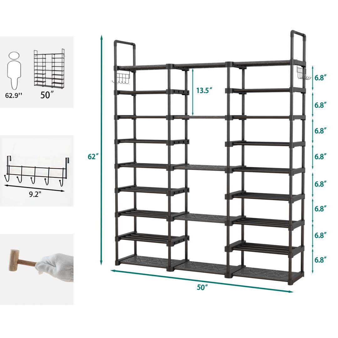 Piggy-G 9 Tiers Shoes Rack for Entryway, Shoe Organizer with Hook Rack, Shoe Storage Shelf Organizer Stackable Long Shoe Shelf for Hallway Entryway, Closet, Garage, Bedroom, Cloakroom Piggy-G