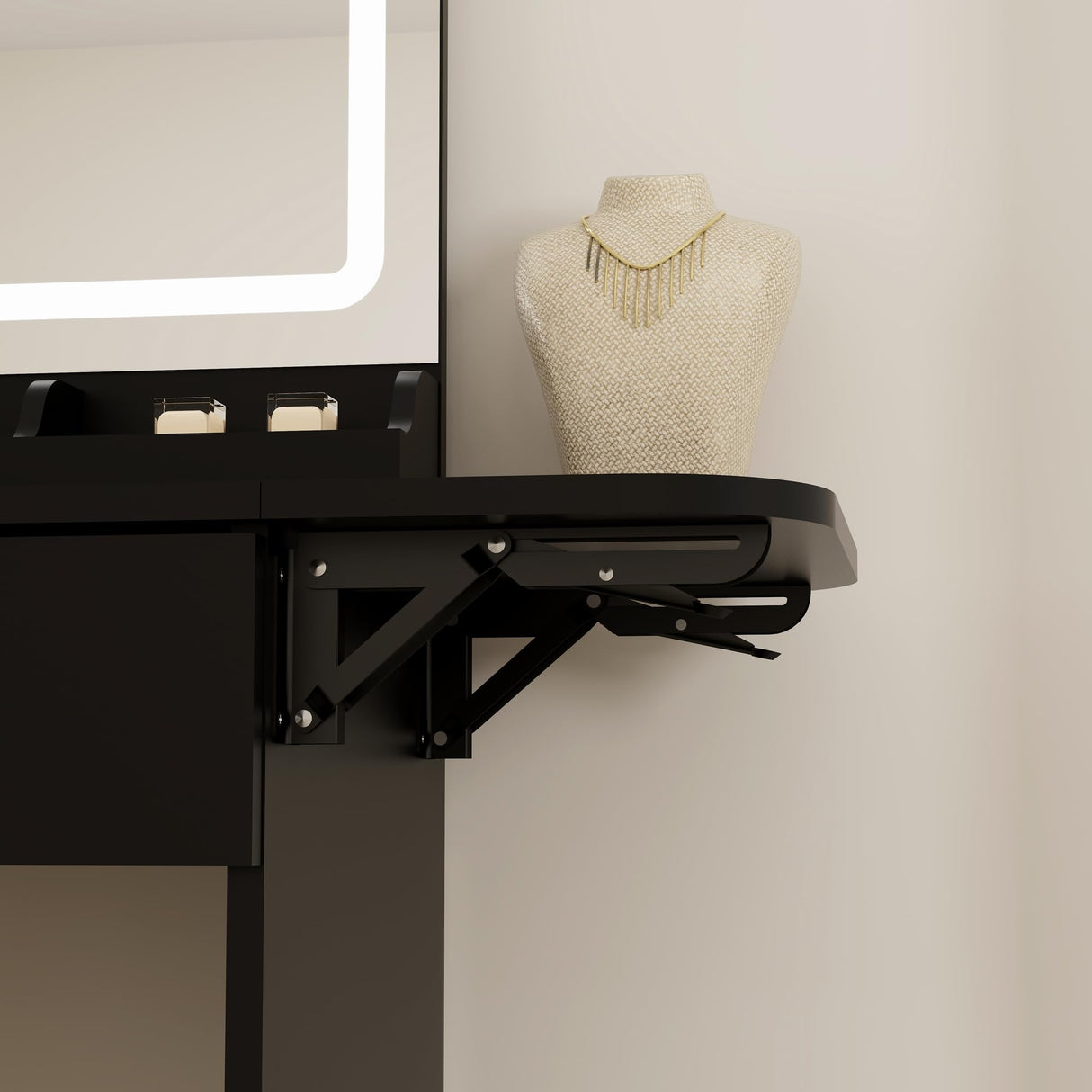 Vanity Desk Set with Mirror and LED Lights, Makeup Table with 2 Drawers & 1 Cabinet, Power Outlet, Storage Cushioned Stool, Dressing Table for Bedroom (Black) Panana