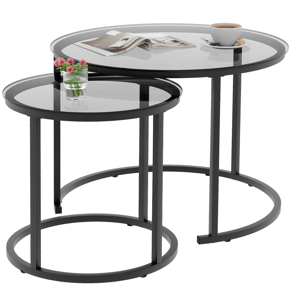 aboxoo Nesting Coffee Table Grey Glass Table Set of 2, Small Round Glass Nesting Tables for Living Room Bedroom, Accent Tea Table with Metal Frame Modern Industrial Simple aboxoo
