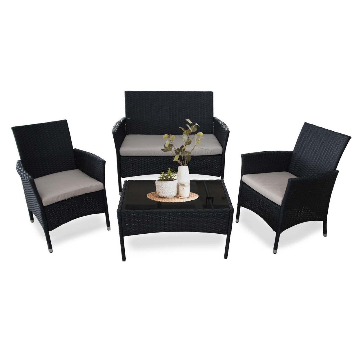 XZHQHB Outdoor Furniture Set of 4 Pieces with PE Waterproof Rattan Tempered Glass Table and Thick Cushions Suitable for Gardens Porches Terraces and Balconies Easy to Assemble Black and Beige XZHQHB