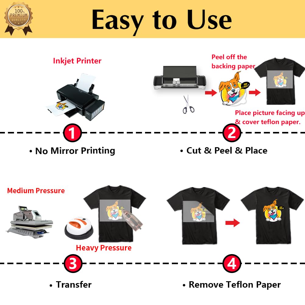 TransOurDream Tru-Iron on Heat Transfer Paper for Dark Fabric (20 Sheets, 8.5x11") T Shirt Transfers Paper for Inkjet Printer Printable Heat Transfer Vinyl for T-Shirts (TOD-7) TransOurDream