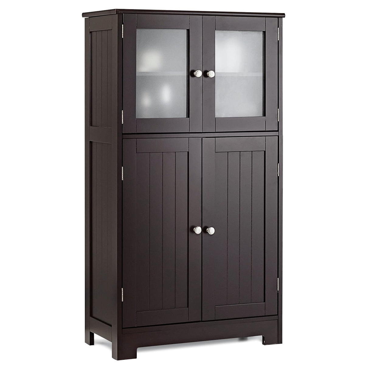 Tangkula Brown Freestanding Bathroom Floor Cabinet with Glass Doors and Adjustable Shelf Tangkula