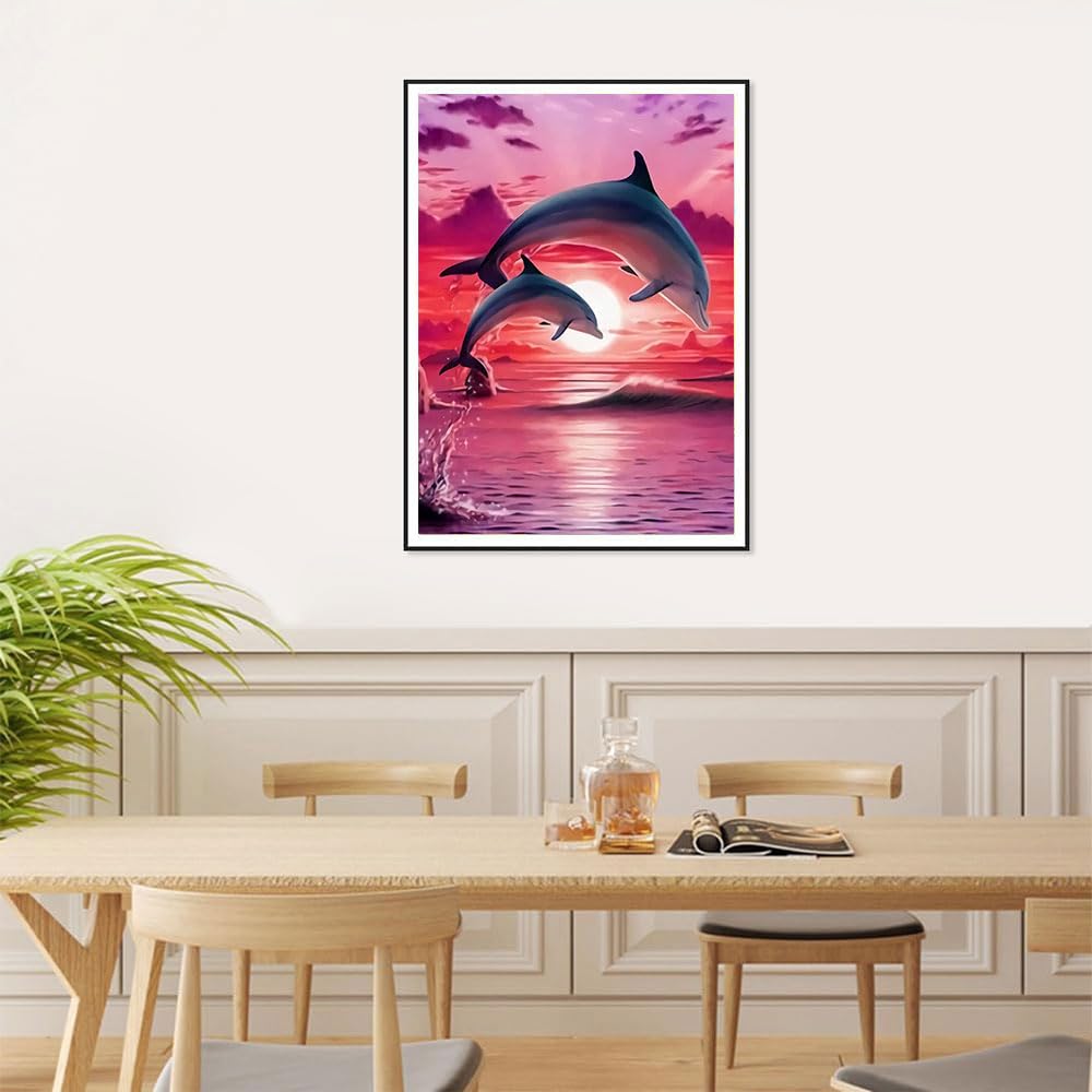 Dolphins Diamond Art Painting Kits for Adults,Beach Diamond Painting Kits for Beginners 5D Full Round Drill Diamond Dots,Paint with Round Diamonds for Home Wall Decor (30x40cm/11.8X15.7inch) HSENJT