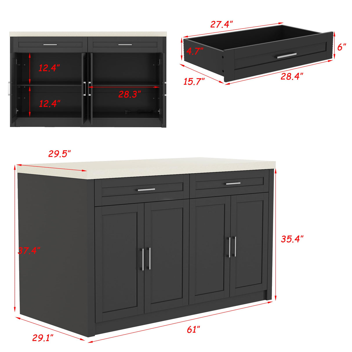 Homsee 61" W Large Kitchen Island with Charging Station, 2 Drawers & Adjustable Shelves, Modern Stationary Kitchen Prep Table Coffee Bar Cabinet for Dining Room, Black & Beige Homsee