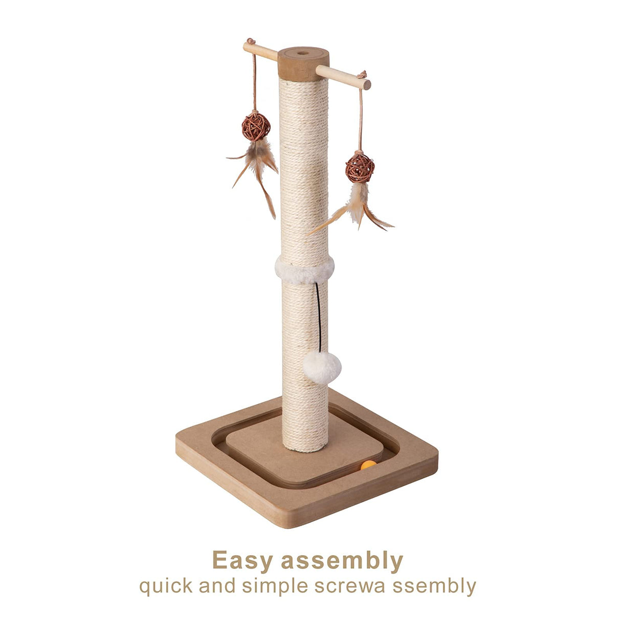 PEEKAB Cat Scratching Post Premium Sisal Scratch Posts with Tracking Interactive Toys Vertical Scratcher for Indoor Cats and Kittens- 25 inches Beige PEEKAB