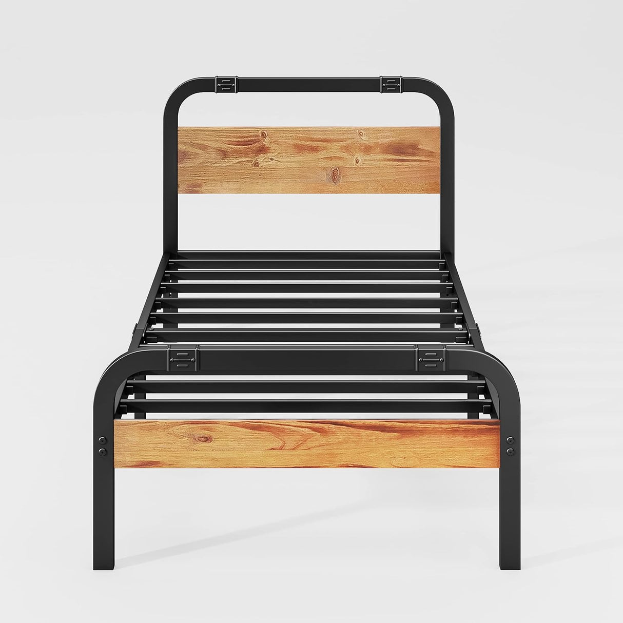 ZIYOO Industrial Style Twin Size Metal Bed Frame with Solid Wood Headboard and Footboard, 14 Inch High Heay Duty Steel Slats Support No Box Spring Needed,Easy Assembly Structure ZIYOO