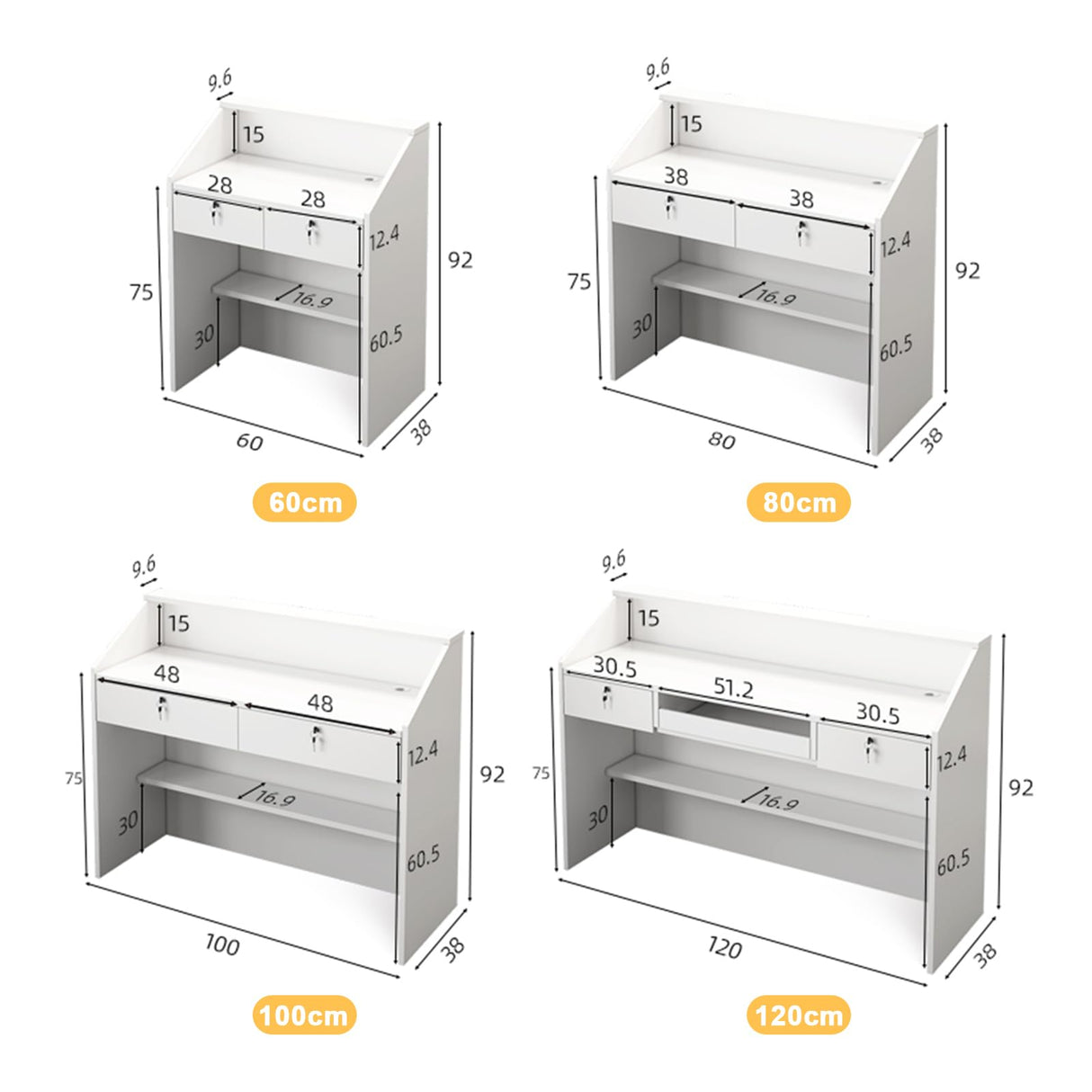 Walisk Modern Reception Desk with Lockable Drawer and Open Shelves, White, 60x38x92cm, 80x38x92cm, 100x38x92cm, 120x38x92cm, Office, Computer Desk WoodArtSupply