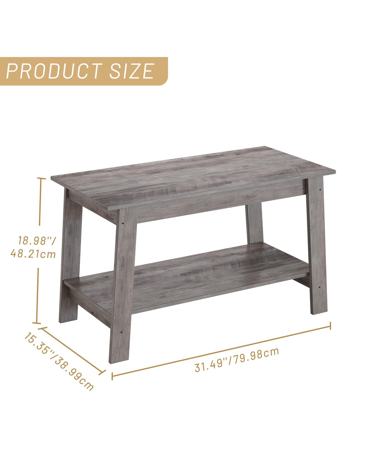Coffee Table, Coffee Table for Living Room, Modern Farmhouse Coffee Table with Storage Shelf, 2-Tier Living Room Table Rectangular Center Table, Home Office Industrial Cocktail Tables, Grey Garvee