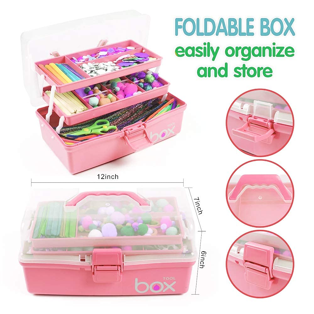 TERGOO 12in Three-Layer Multipurpose Storage Box, Folding Tool Box/Art & Crafts Case/Sewing Supplies Organizer/Medicine Box/Family First Aid Box with 2 Trays (Pink) TERGOO
