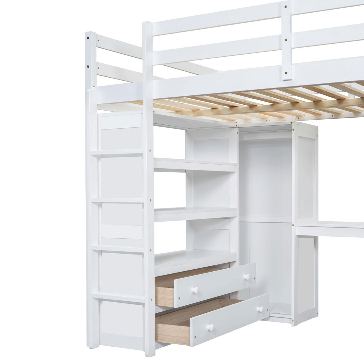 Harper & Bright Designs Full Size Loft Bed with Desk, Storage Shelves and Drawers, Solid Wood Loft Bed Frame with Built-in Wardrobe, White Harper & Bright Designs