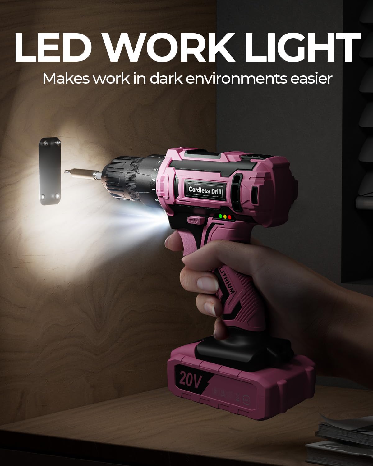 Pink Cordless Drill Set, 20V Electric Power Drill for Women, Lightweight Electric Screwdriver Driver with Battery & Charger, 3/8" Keyless Chuck, Womens Tool Kit for House VIWKO